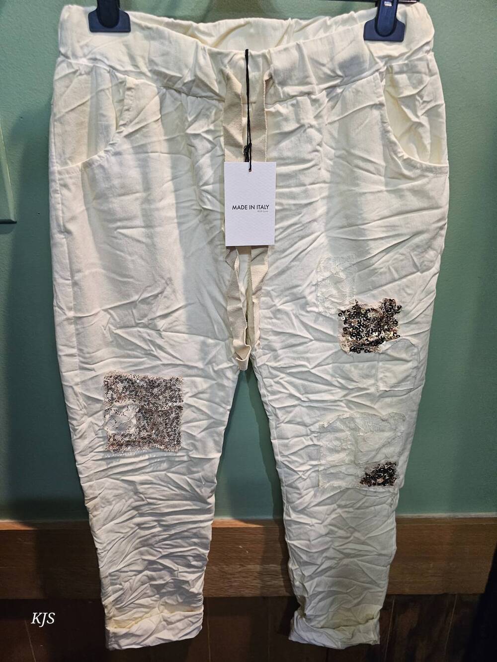 NEW MADE IN ITALY women's embroidered italian crinkle joggers in yellow
